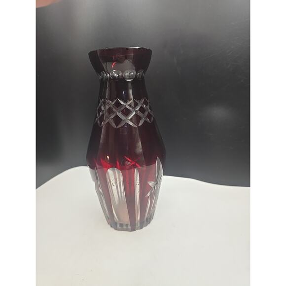 Ruby Red Cased Cut Glass Flower Vase 7.25" H - Picture 4 of 4